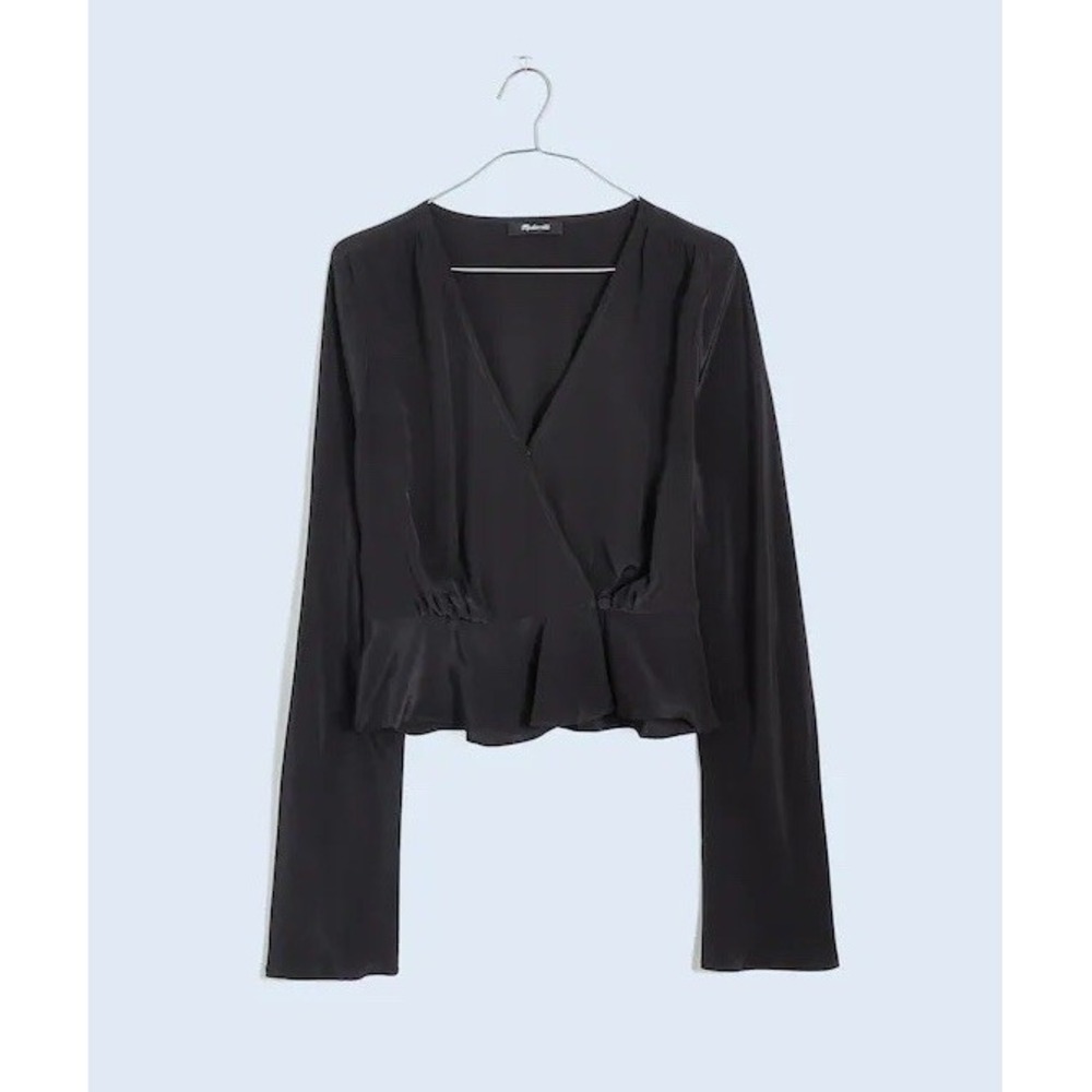 Madewell Bell-Sleeve Wrap Black Top Women 8 Spring 2024 Romantic Girly $82